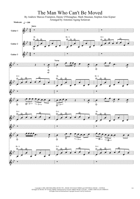 The Man Who Cant Be Moved Trio Guitar Score Sheet Music