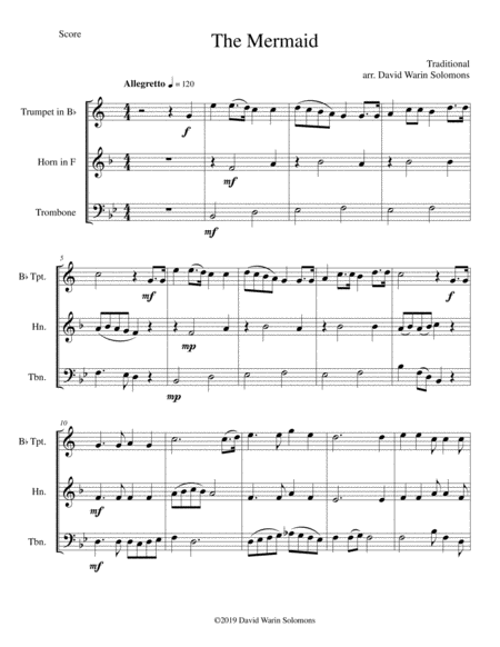 The Mermaid For Brass Trio Trumpet Horn Trombone Sheet Music