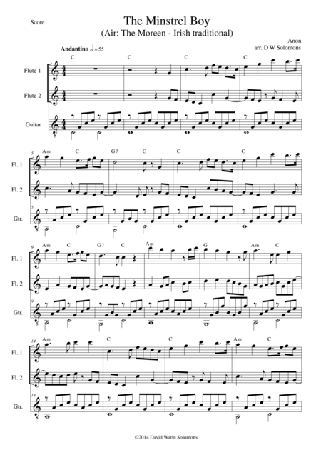 Free Sheet Music The Minstrel Boy The Moreen For 2 Flutes And Guitar