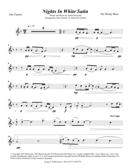 The Moody Blues Nights In White Satin For Alto Clarinet Piano Sheet Music