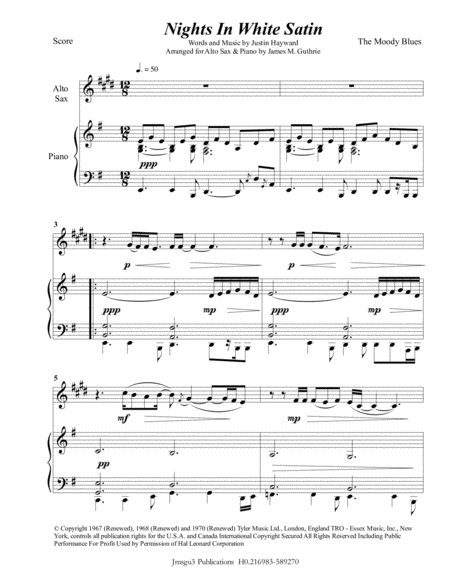 The Moody Blues Nights In White Satin For Alto Sax Piano Sheet Music