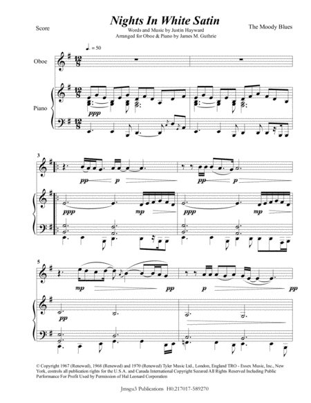 The Moody Blues Nights In White Satin For Oboe Piano Sheet Music