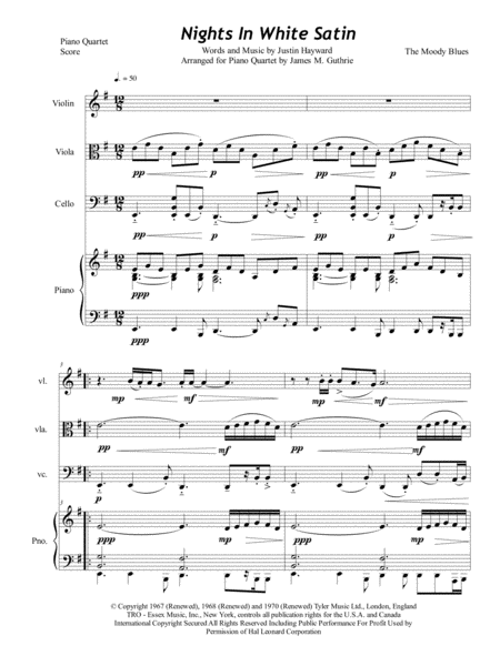 The Moody Blues Nights In White Satin For Piano Quartet Sheet Music