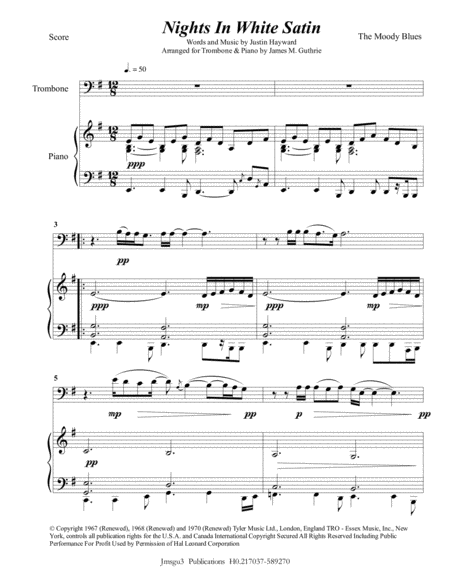 The Moody Blues Nights In White Satin For Trombone Piano Sheet Music