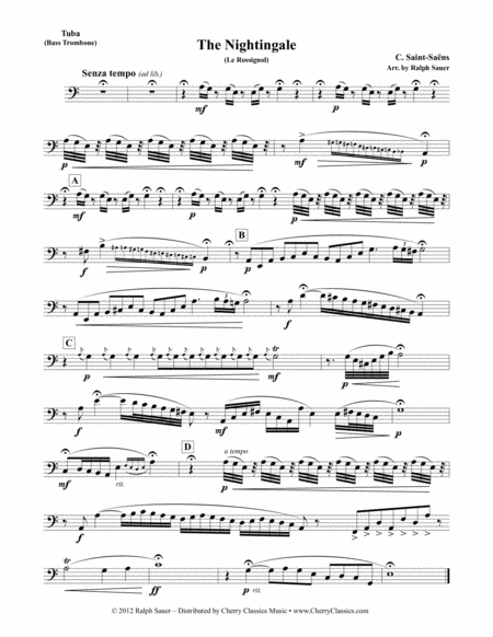 Free Sheet Music The Nightingale Le Rossignol For Tuba Or Bass Trombone Piano