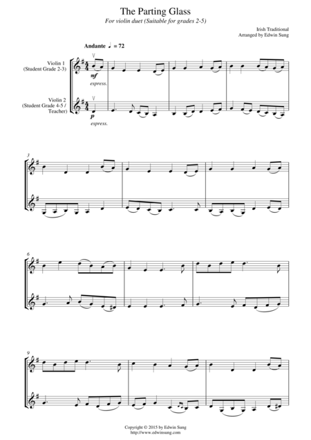 The Parting Glass For Violin Duet Suitable For Grades 2 5 Sheet Music