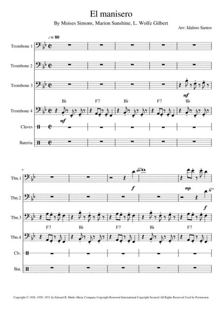 The Peanut Vendor El Manisero Trombone Quartet Version Hard Sheet Music