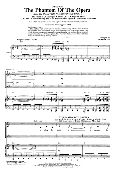 The Phantom Of The Opera Medley Arr Ed Lojeski Sheet Music