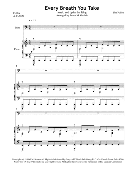 Free Sheet Music The Police Every Breath You Take For Tuba Piano