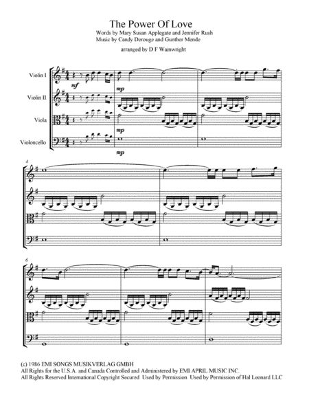 The Power Of Love Arranged For String Quartet Score And Parts With Rehearsal Letters Mp3 Sheet Music