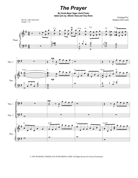 Free Sheet Music The Prayer Trombone Duet