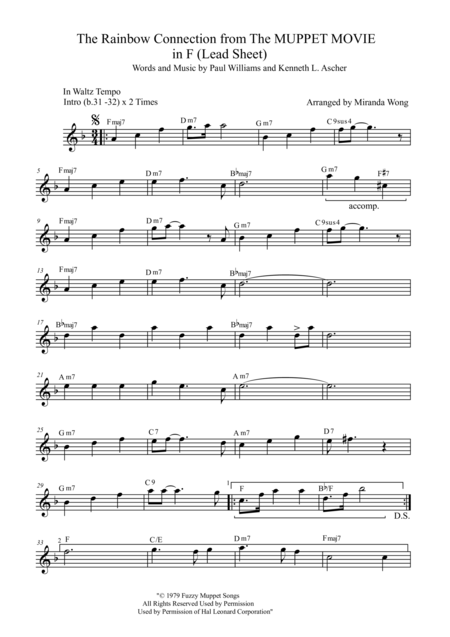 Free Sheet Music The Rainbow Connection Lead Sheet In F Alto Saxophone Solo