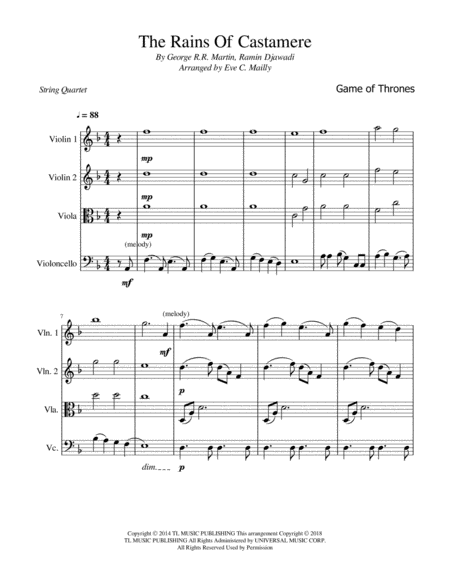 The Rains Of Castamere Game Of Thrones String Quartet Sheet Music