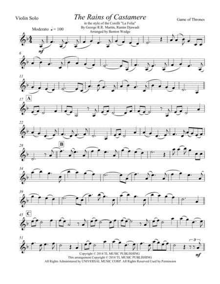 Free Sheet Music The Rains Of Castamere Violin Solo And Piano