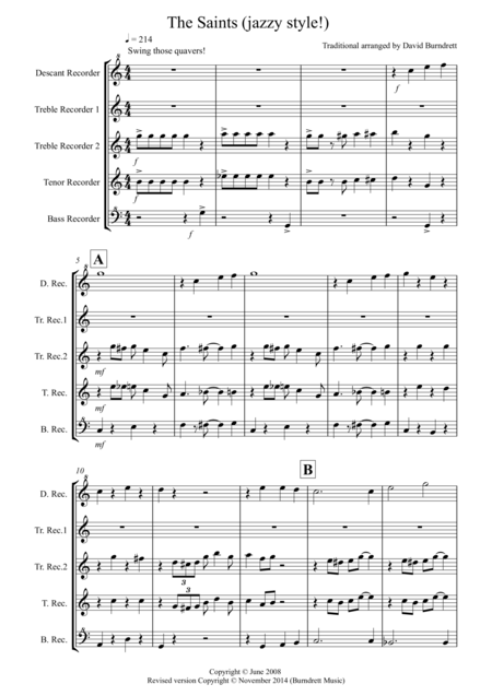 The Saints Jazzy Style For Recorder Quintet Sheet Music