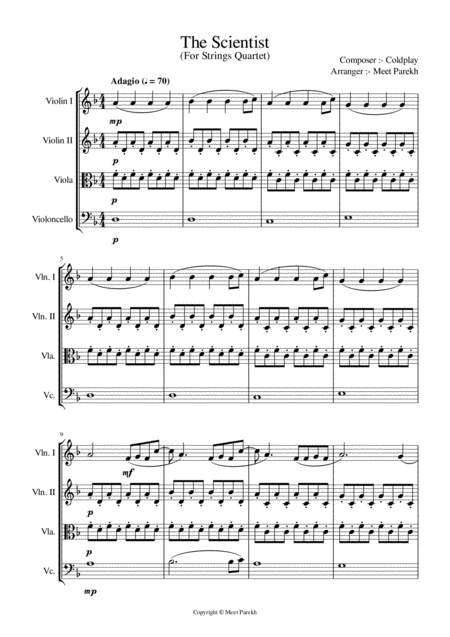 The Scientist Coldplay For Strings Quartet Sheet Music