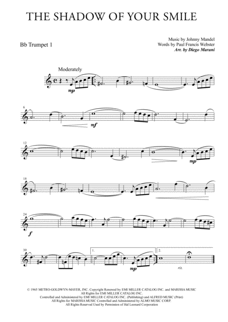 The Shadow Of Your Smile For Brass Quartet Sheet Music