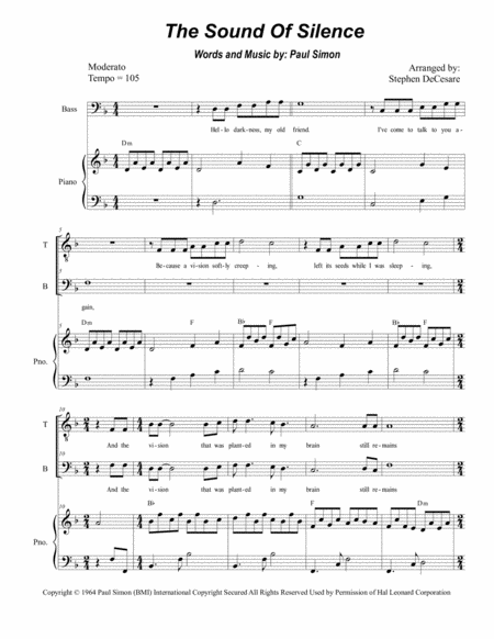 The Sound Of Silence Duet For Tenor And Bass Solo Sheet Music