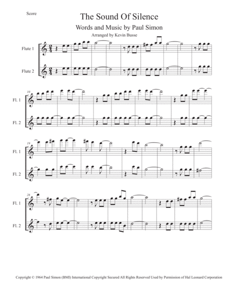 The Sound Of Silence Easy Key Of C Flute Duet Sheet Music