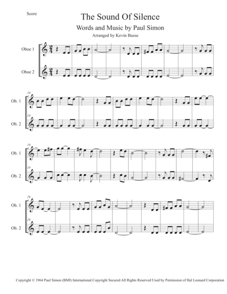 The Sound Of Silence Easy Key Of C Oboe Duet Sheet Music