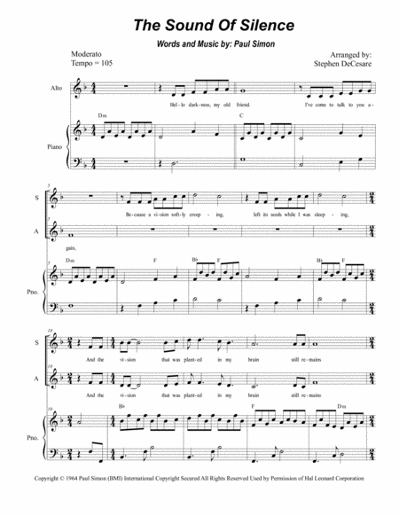 The Sound Of Silence For 2 Part Choir Sa Sheet Music