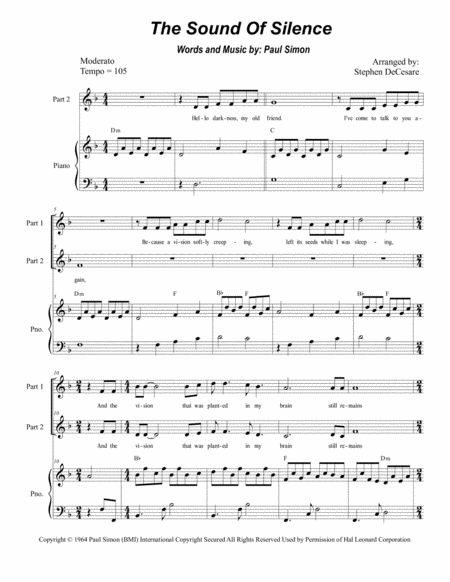 The Sound Of Silence For 2 Part Choir Sheet Music