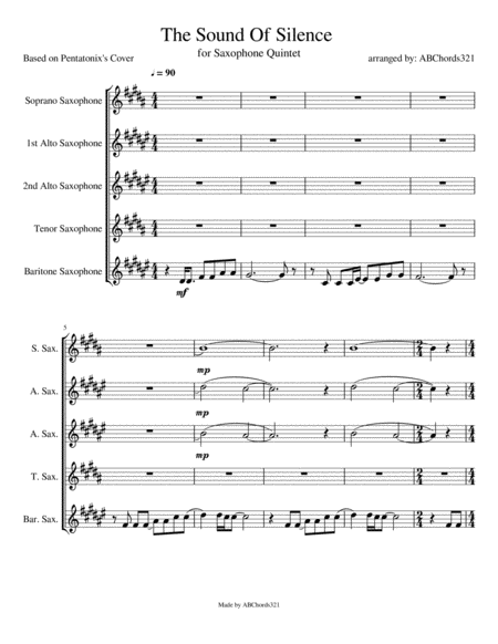 The Sound Of Silence For Saxophone Quintet Sheet Music