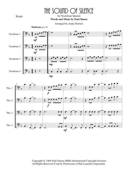 Free Sheet Music The Sound Of Silence For Trombone Quartet