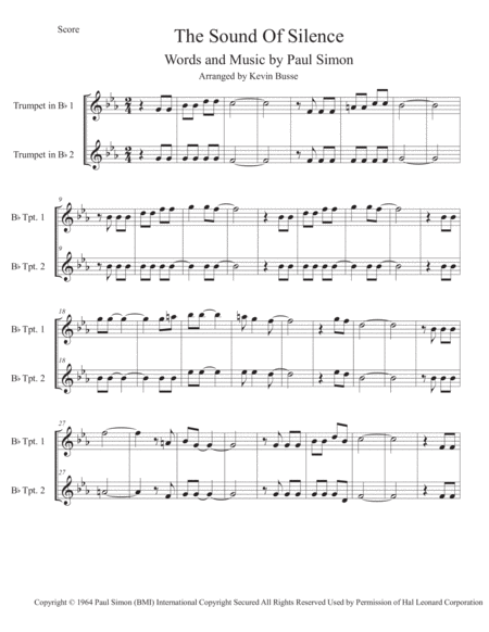 The Sound Of Silence Original Key Trumpet Duet Sheet Music