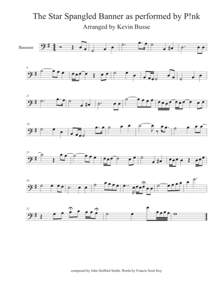 The Star Spangled Banner As Performed By P Nk Bassoon Sheet Music