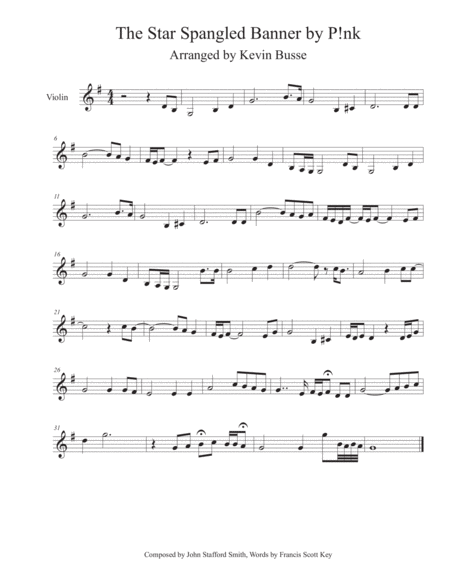 The Star Spangled Banner As Performed By P Nk Violin Sheet Music