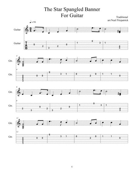 Free Sheet Music The Star Spangled Banner For Guitar Solo Beginner Level