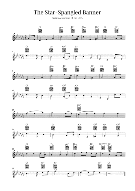 Free Sheet Music The Star Spangled Banner National Anthem Of The Usa Guitar C Flat Major