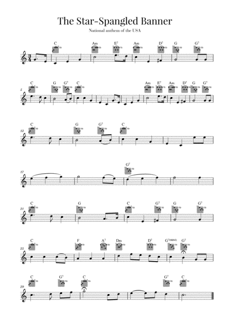 Free Sheet Music The Star Spangled Banner National Anthem Of The Usa Guitar C Major