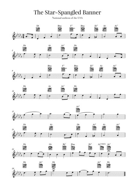 The Star Spangled Banner National Anthem Of The Usa Guitar D Flat Major Sheet Music