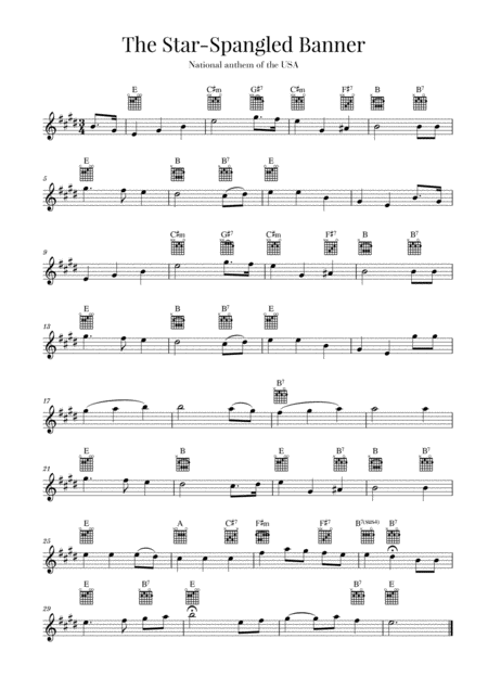 The Star Spangled Banner National Anthem Of The Usa Guitar E Major Sheet Music