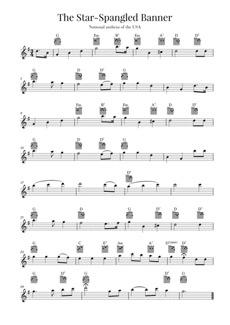 Free Sheet Music The Star Spangled Banner National Anthem Of The Usa Guitar G Major