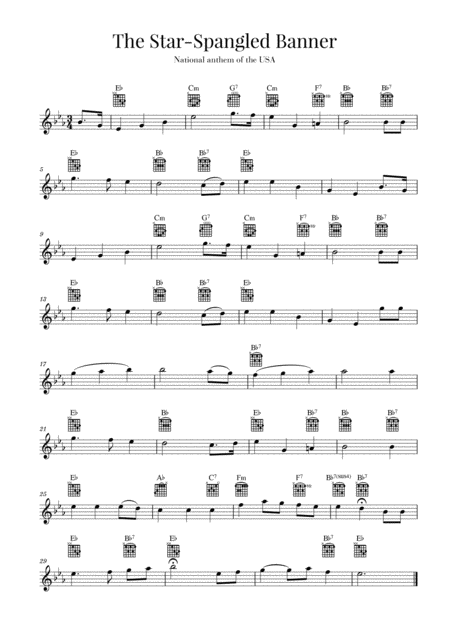 Free Sheet Music The Star Spangled Banner National Anthem Of The Usa Guitar Original Version Eb Major