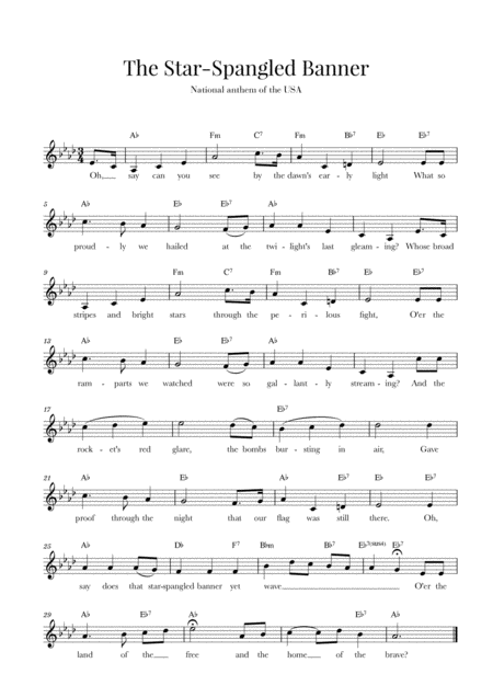 The Star Spangled Banner National Anthem Of The Usa With Lyrics A Flat Major Sheet Music