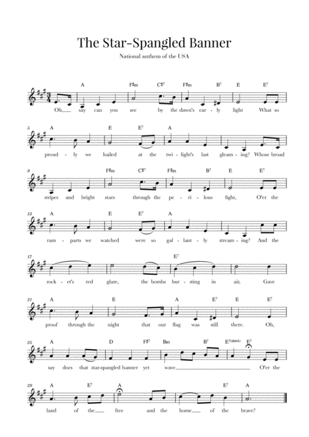 The Star Spangled Banner National Anthem Of The Usa With Lyrics A Major Sheet Music