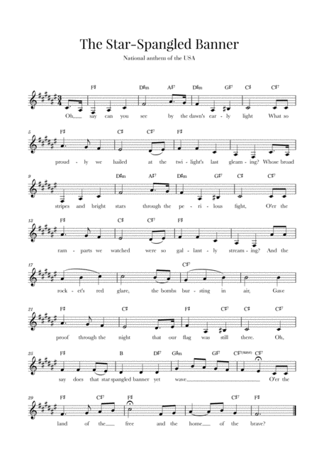 Free Sheet Music The Star Spangled Banner National Anthem Of The Usa With Lyrics F Sharp Major