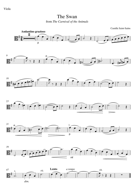 The Swan For Viola From Carnival Of The Animals Sheet Music