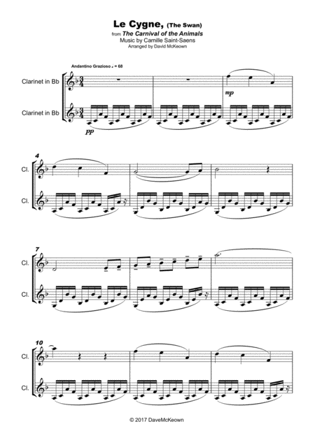 The Swan Le Cygne By Saint Saens Duet For Clarinet Sheet Music