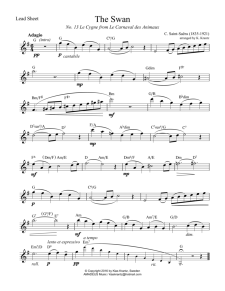 Free Sheet Music The Swan Le Cygne G Major Lead Sheet