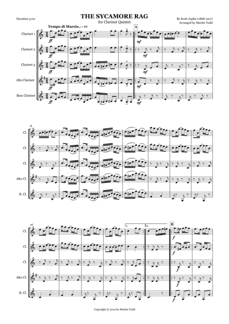 The Sycamore Rag For Clarinet Quintet Sheet Music