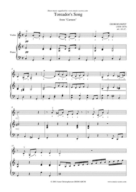 Free Sheet Music The Toreador Song From Carmen Short Version Violin And Piano