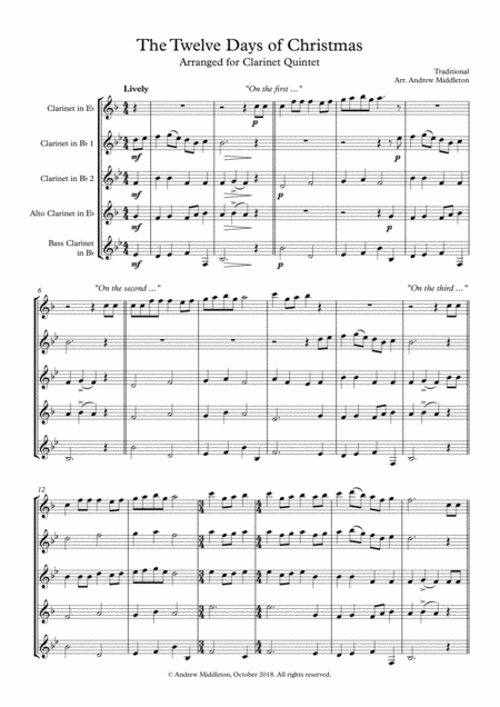 Free Sheet Music The Twelve Days Of Christmas Arranged For Clarinet Choir