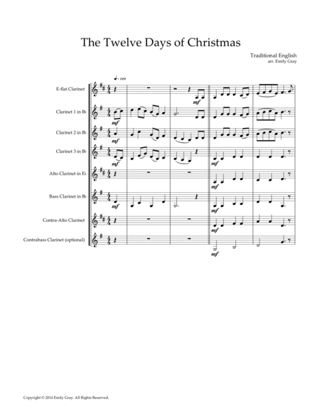Free Sheet Music The Twelve Days Of Christmas For Clarinet Choir