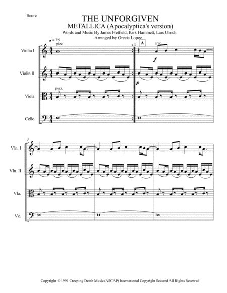 Free Sheet Music The Unforgiven Metallica Apocaliptica Strings Quartet