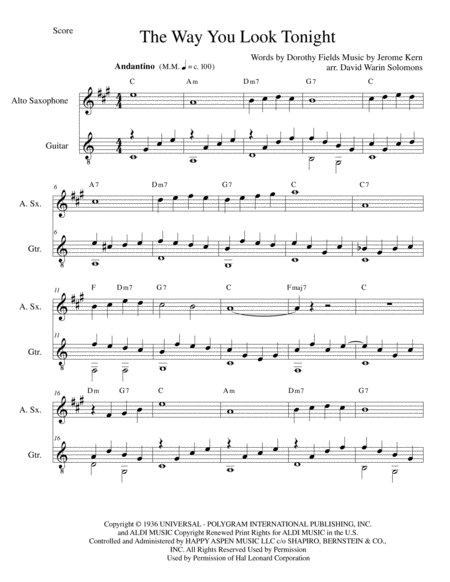 Free Sheet Music The Way You Look Tonight For Alto Saxophone And Guitar